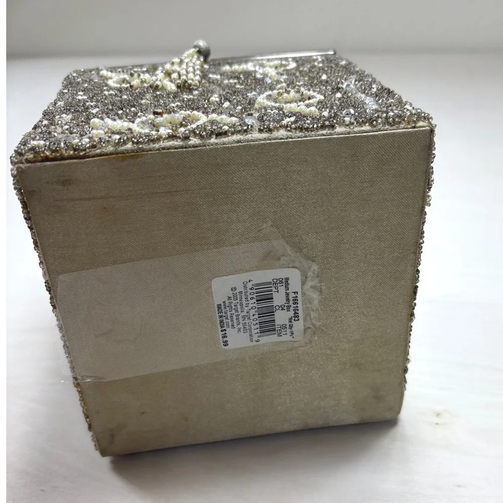 Target 2005 Vintage Style Beaded Jewelry Box Champagne Pearl Sequin Tassel 4x4